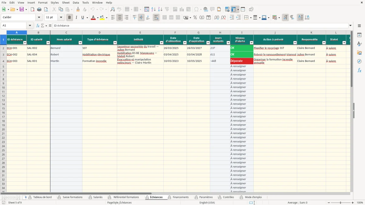 Capture d'écran 5 : Feuille Échéances - Modèle Excel suivi formation continue excel