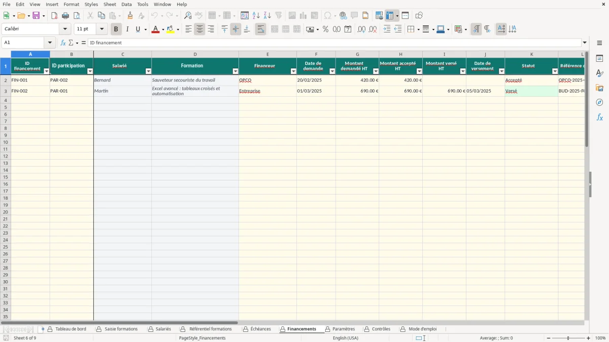 Capture d'écran 6 : Feuille Financements - Modèle Excel suivi formation continue excel
