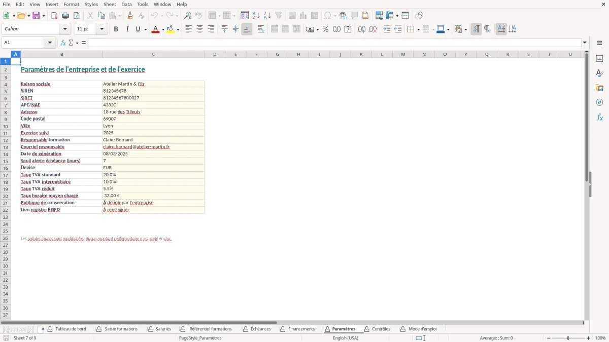 Capture d'écran 7 : Feuille Paramètres - Modèle Excel suivi formation continue excel