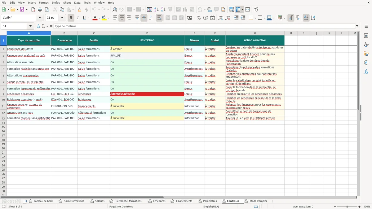 Capture d'écran 8 : Feuille Contrôles - Modèle Excel suivi formation continue excel
