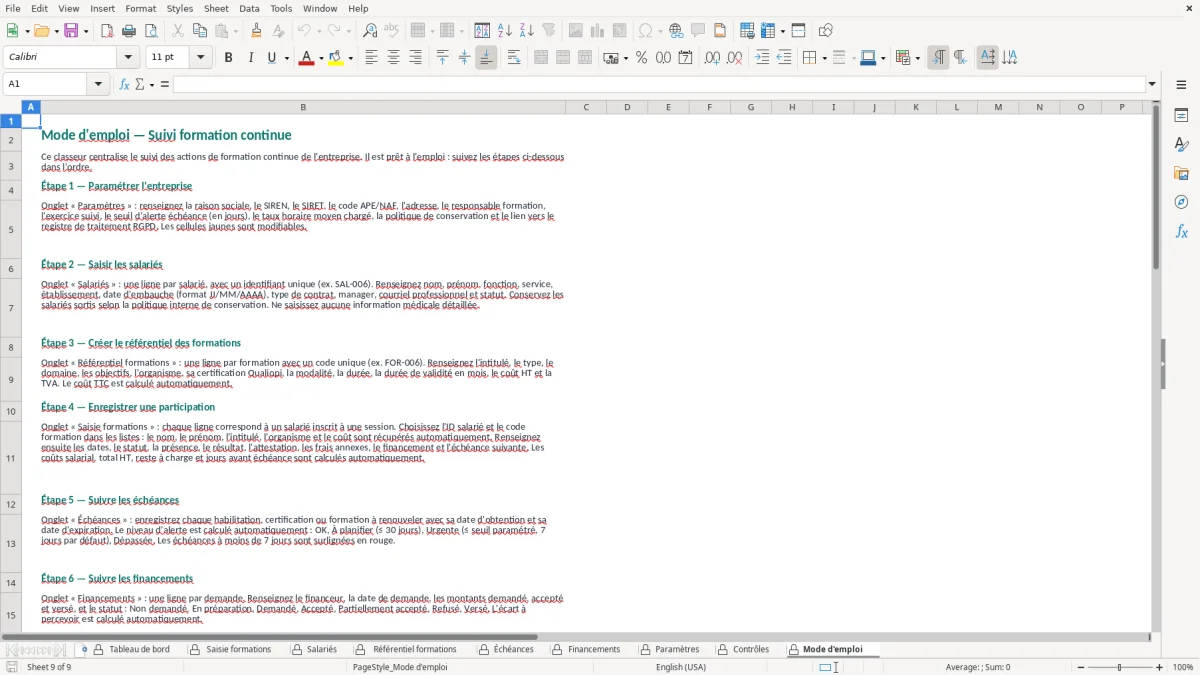 Capture d'écran 9 : Feuille Mode d'emploi - Modèle Excel suivi formation continue excel