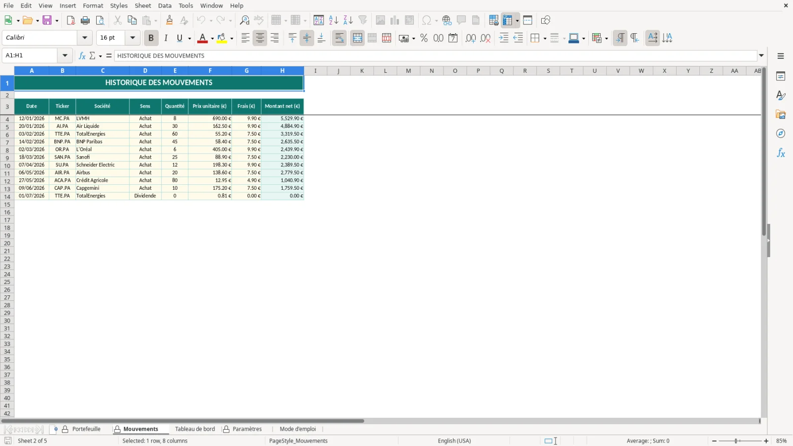 Capture de la feuille Mouvements du modèle Excel Suivi Portefeuille Boursier Excel – Modèle Gratuit (2026)