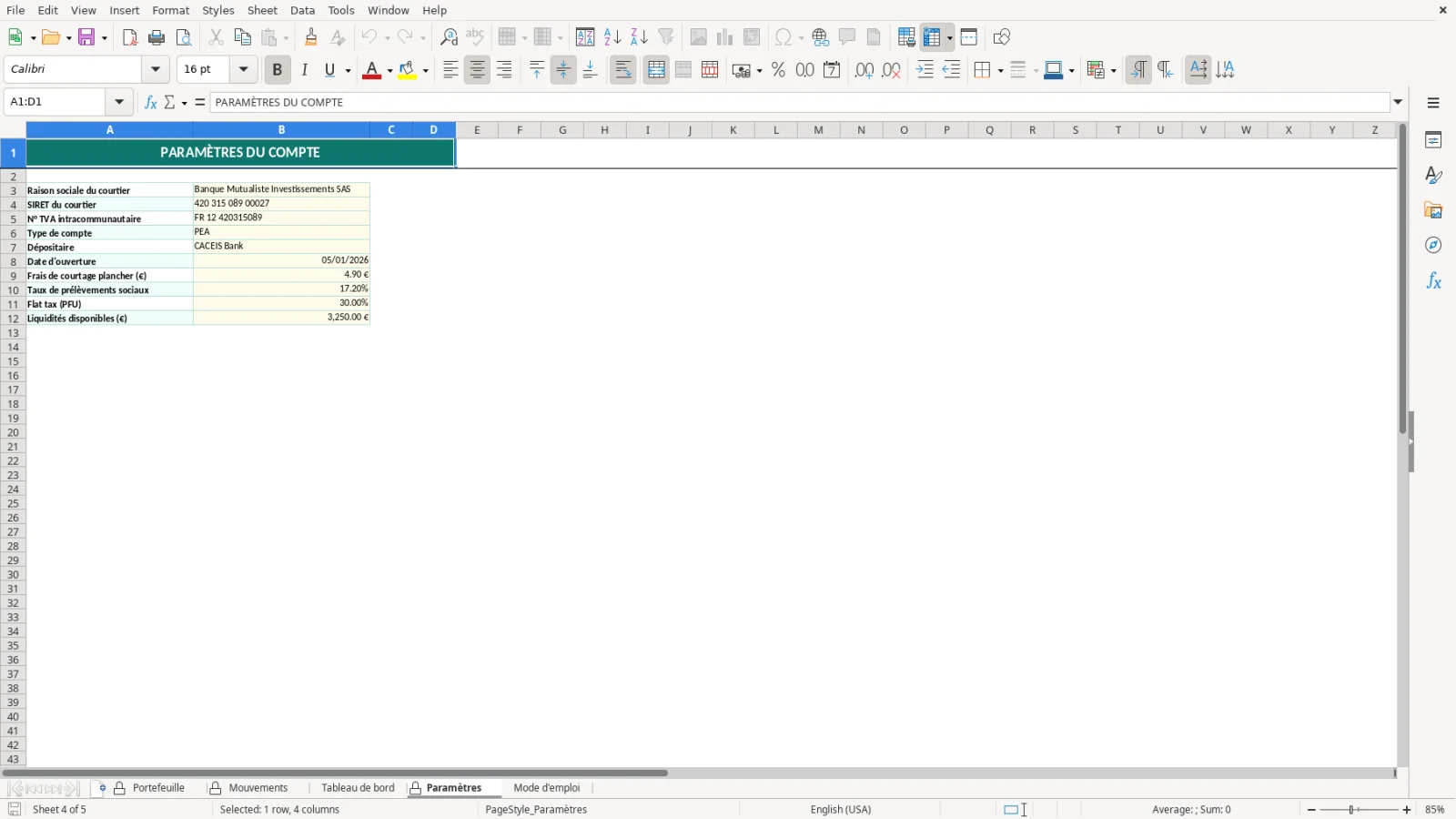 Capture de la feuille Paramètres du modèle Excel Suivi Portefeuille Boursier Excel – Modèle Gratuit (2026)