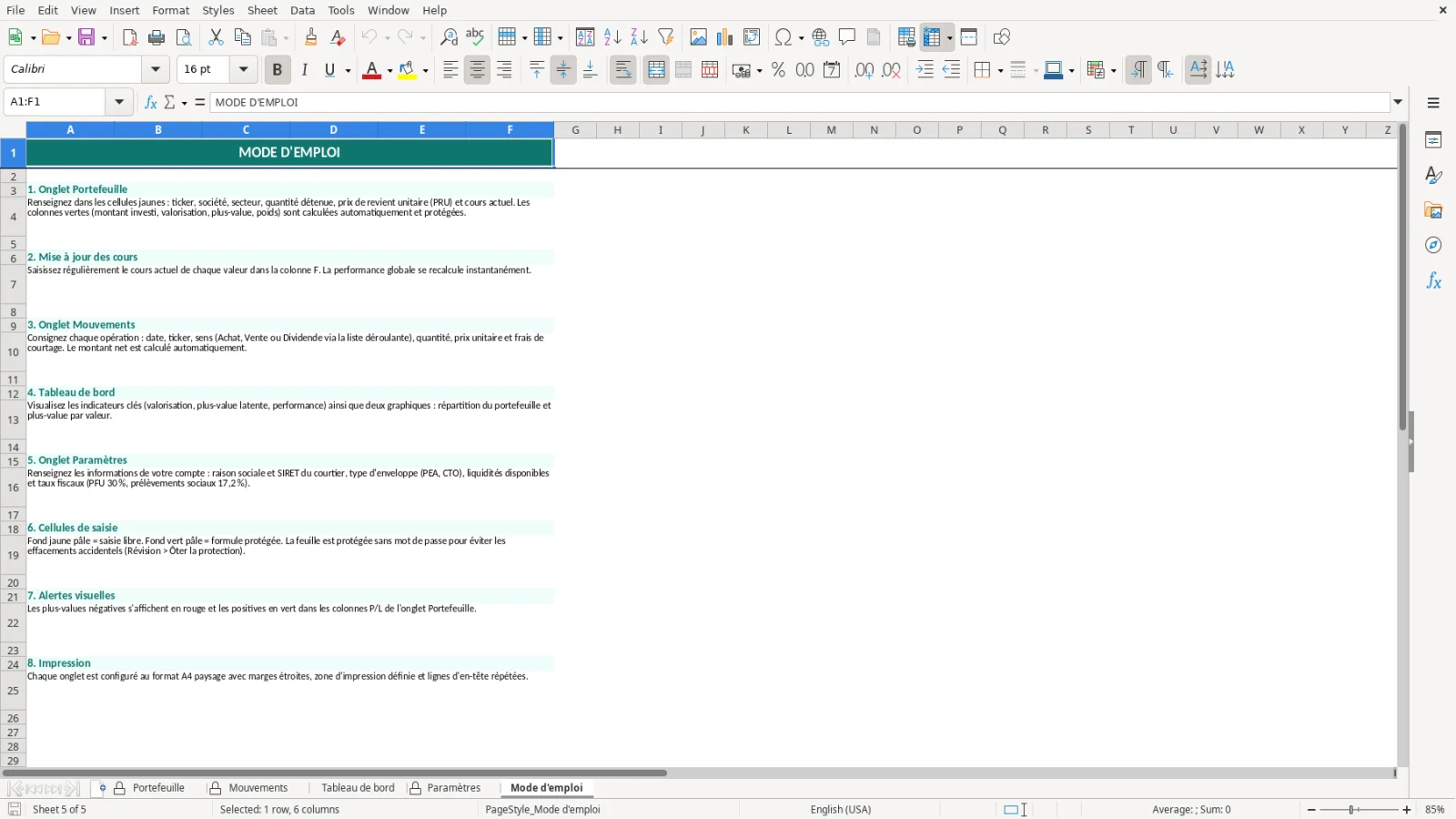Capture de la feuille Mode d'emploi du modèle Excel Suivi Portefeuille Boursier Excel – Modèle Gratuit (2026)