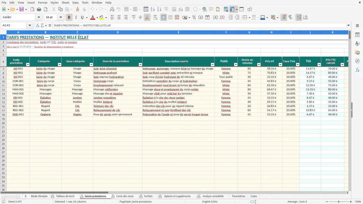 Capture d'écran 2 : Feuille Tableau de bord - Modèle Excel tarifs prestations institut excel
