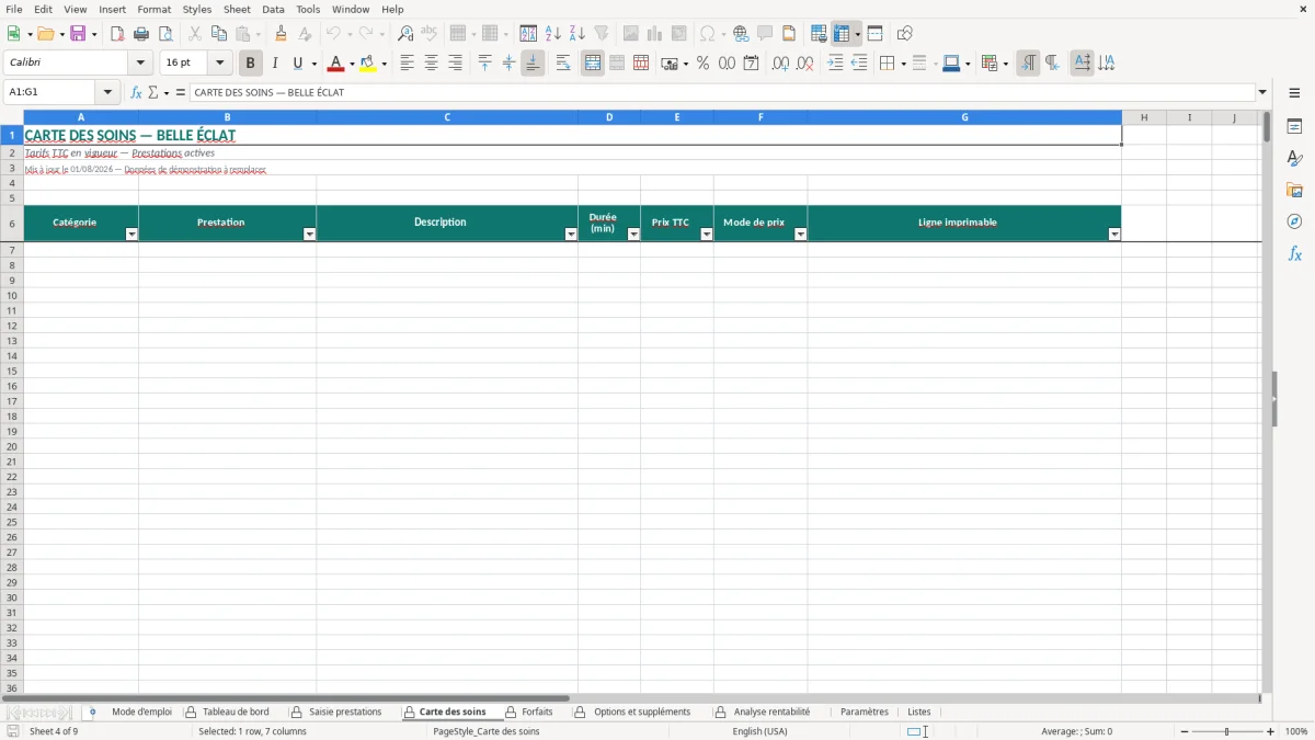 Capture d'écran 3 : Feuille Saisie prestations - Modèle Excel tarifs prestations institut excel