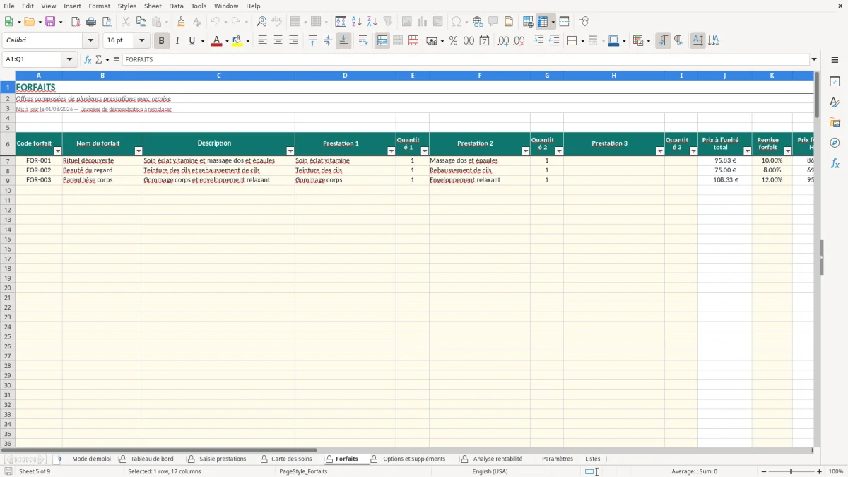 Capture d'écran 4 : Feuille Carte des soins - Modèle Excel tarifs prestations institut excel