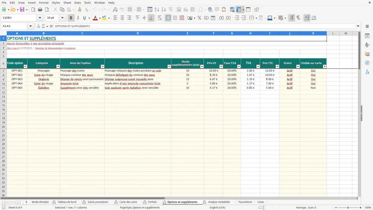 Capture d'écran 5 : Feuille Forfaits - Modèle Excel tarifs prestations institut excel