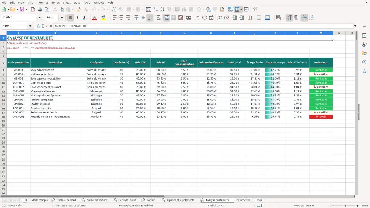 Capture d'écran 6 : Feuille Options et suppléments - Modèle Excel tarifs prestations institut excel