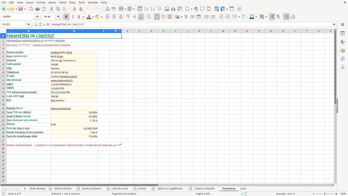 Capture d'écran 7 : Feuille Analyse rentabilité - Modèle Excel tarifs prestations institut excel