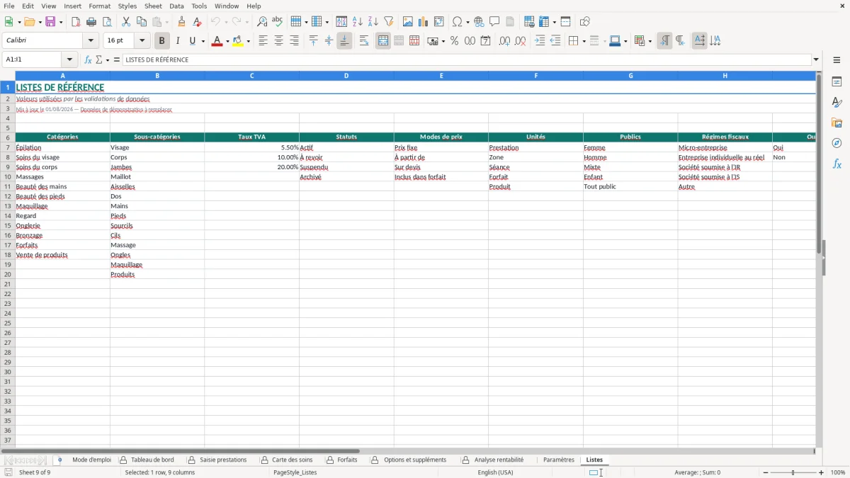 Capture d'écran 8 : Feuille Paramètres - Modèle Excel tarifs prestations institut excel