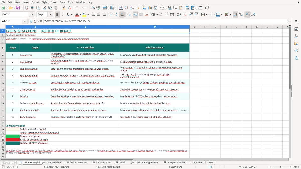 Capture d'écran 9 : Feuille Listes - Modèle Excel tarifs prestations institut excel