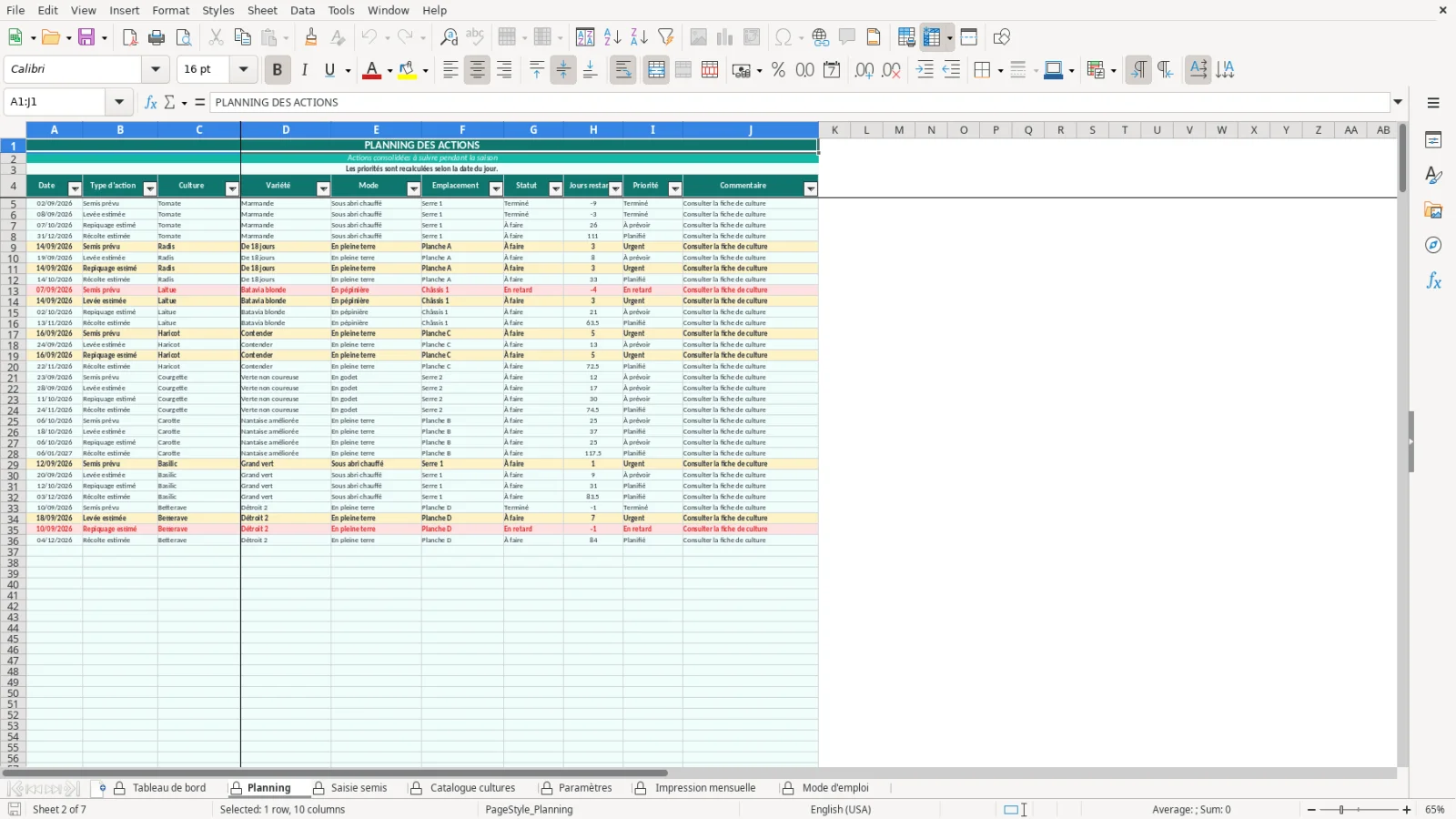Capture de la feuille Planning du modèle Excel Calendrier Semis Potager Excel – Modèle Gratuit (2026)