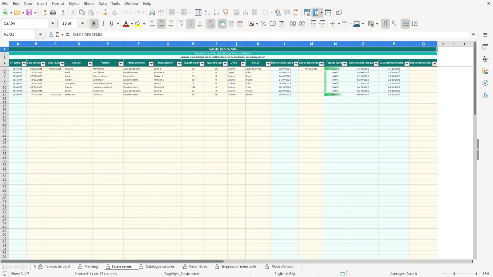 Capture de la feuille Saisie semis du modèle Excel Calendrier Semis Potager Excel – Modèle Gratuit (2026)