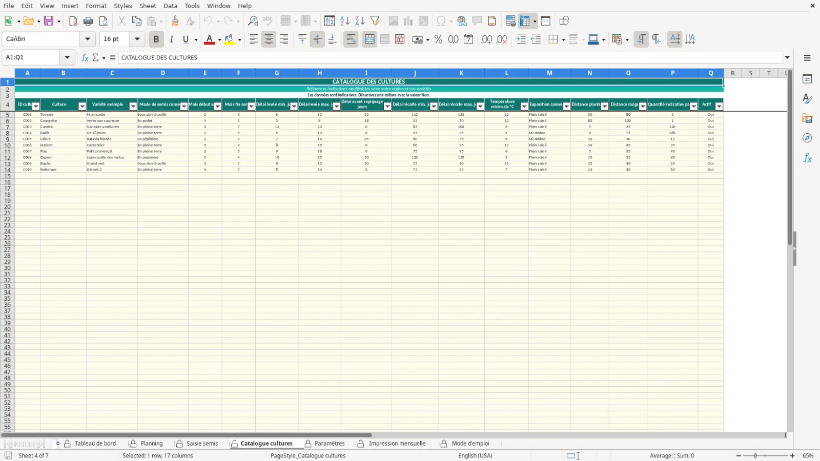 Capture de la feuille Catalogue cultures du modèle Excel Calendrier Semis Potager Excel – Modèle Gratuit (2026)