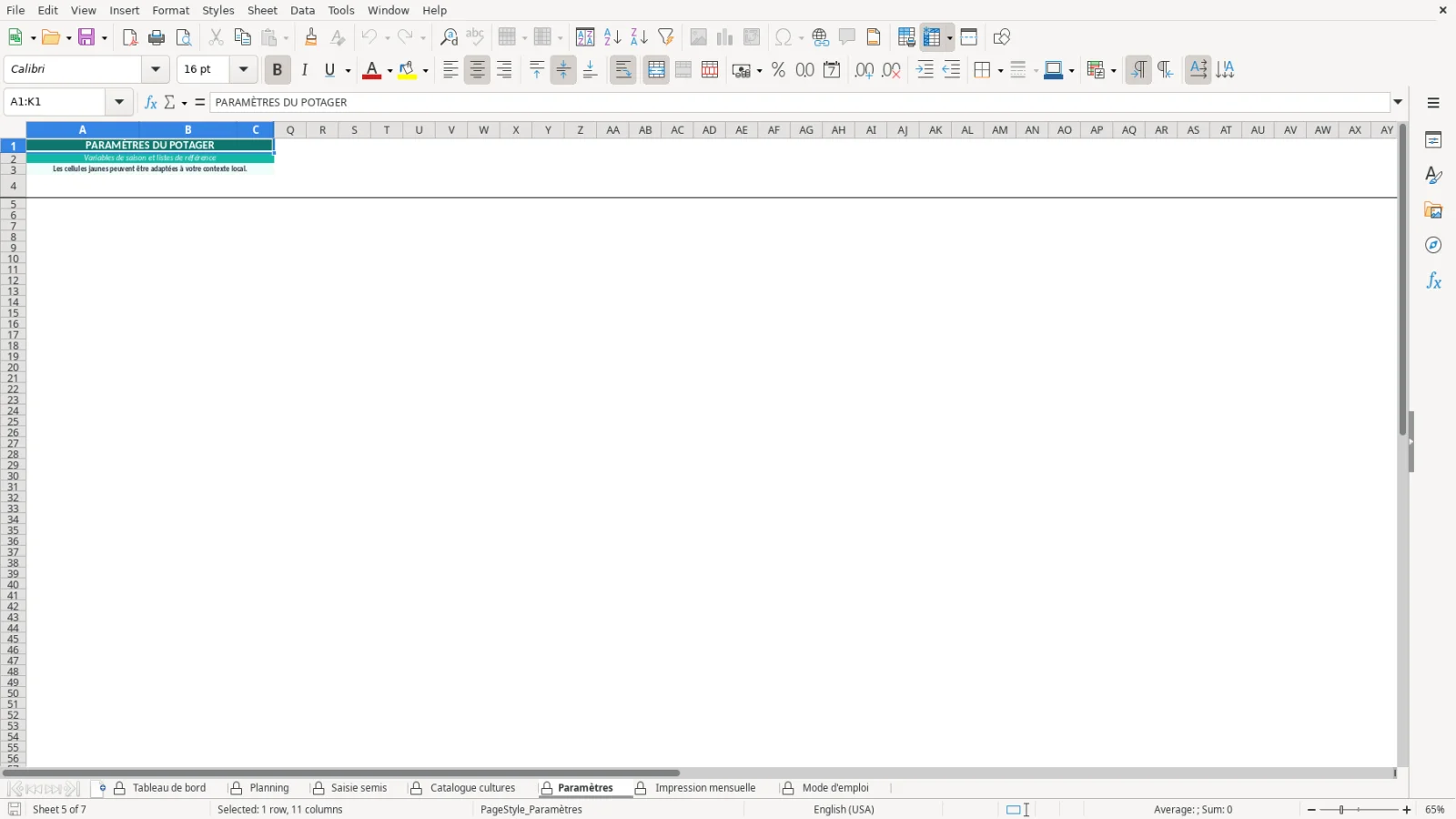 Capture de la feuille Paramètres du modèle Excel Calendrier Semis Potager Excel – Modèle Gratuit (2026)