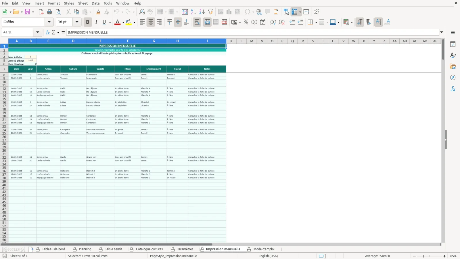 Capture de la feuille Impression mensuelle du modèle Excel Calendrier Semis Potager Excel – Modèle Gratuit (2026)