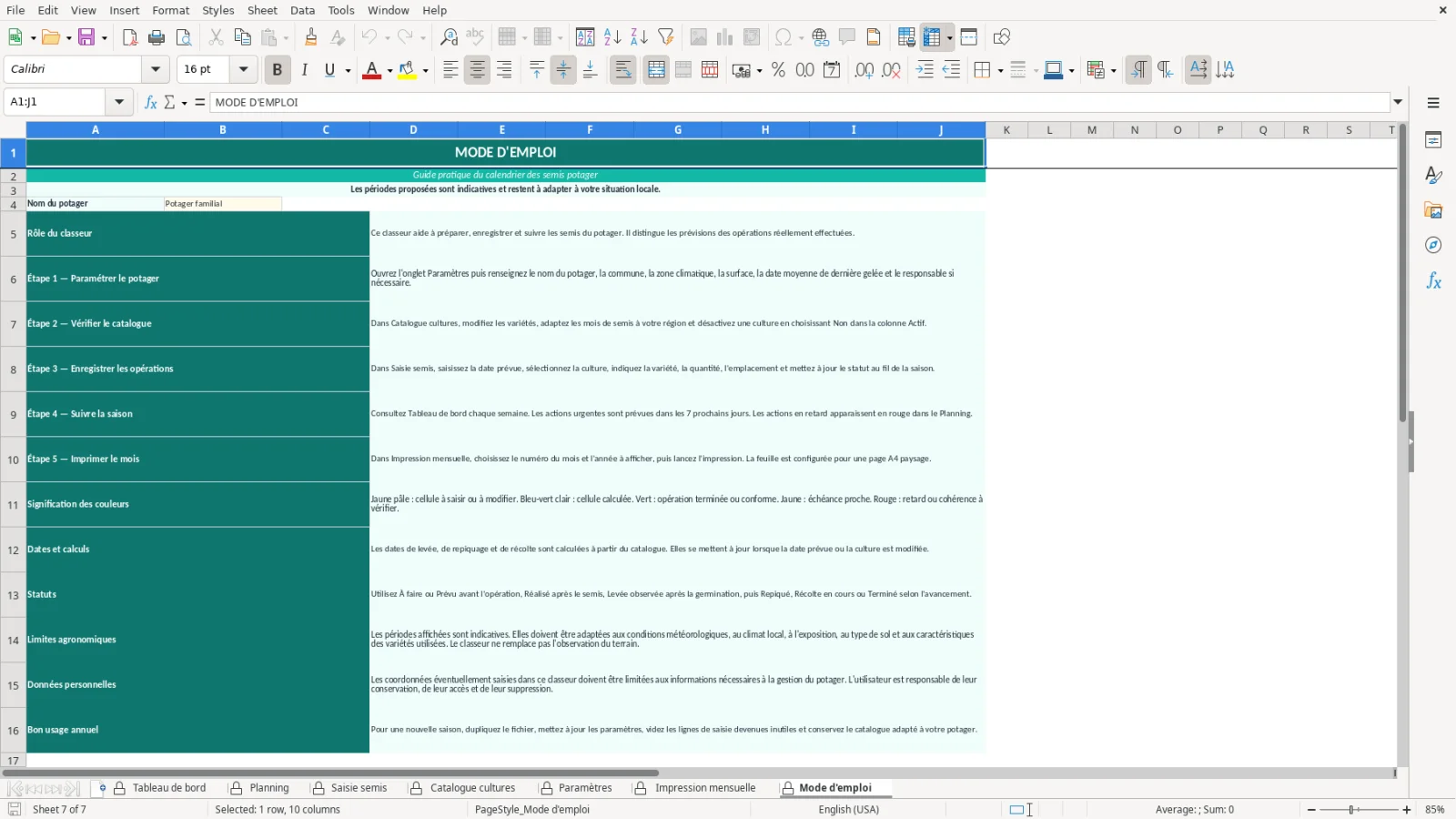 Capture de la feuille Mode d'emploi du modèle Excel Calendrier Semis Potager Excel – Modèle Gratuit (2026)