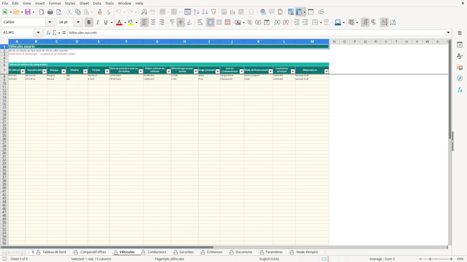Capture de la feuille Véhicules du modèle Excel Comparatif Assurance Auto Excel – Modèle Gratuit (2026)
