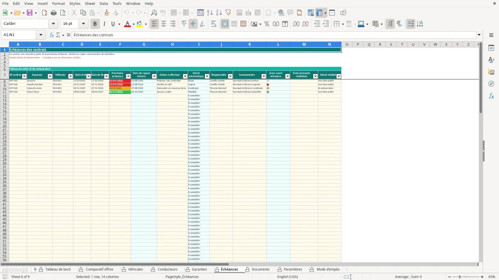 Capture de la feuille Échéances du modèle Excel Comparatif Assurance Auto Excel – Modèle Gratuit (2026)