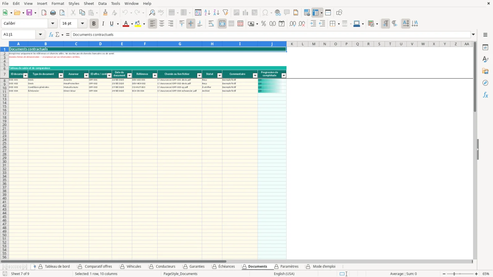 Capture de la feuille Documents du modèle Excel Comparatif Assurance Auto Excel – Modèle Gratuit (2026)