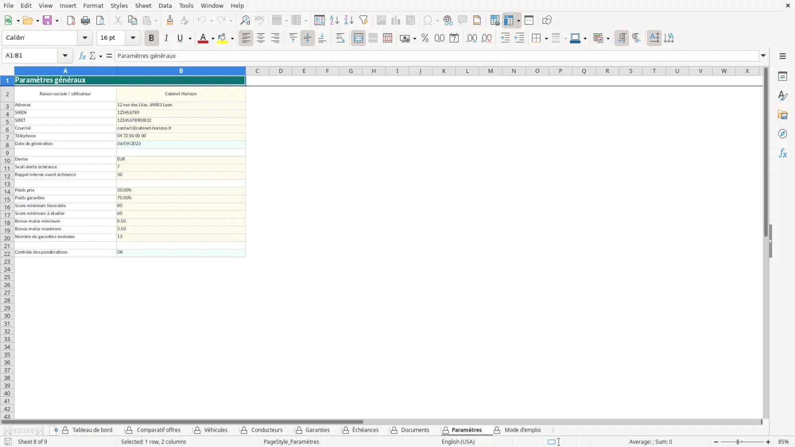 Capture de la feuille Paramètres du modèle Excel Comparatif Assurance Auto Excel – Modèle Gratuit (2026)