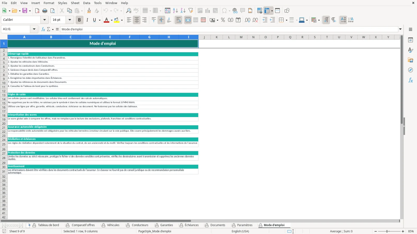 Capture de la feuille Mode d'emploi du modèle Excel Comparatif Assurance Auto Excel – Modèle Gratuit (2026)