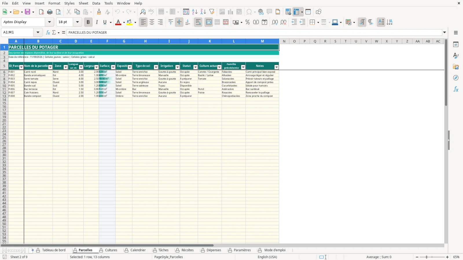 Capture de la feuille Parcelles du modèle Excel Plan Jardin Potager Excel – Modèle Gratuit (2026)