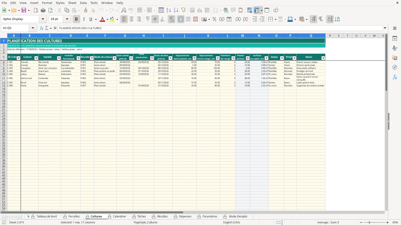 Capture de la feuille Cultures du modèle Excel Plan Jardin Potager Excel – Modèle Gratuit (2026)
