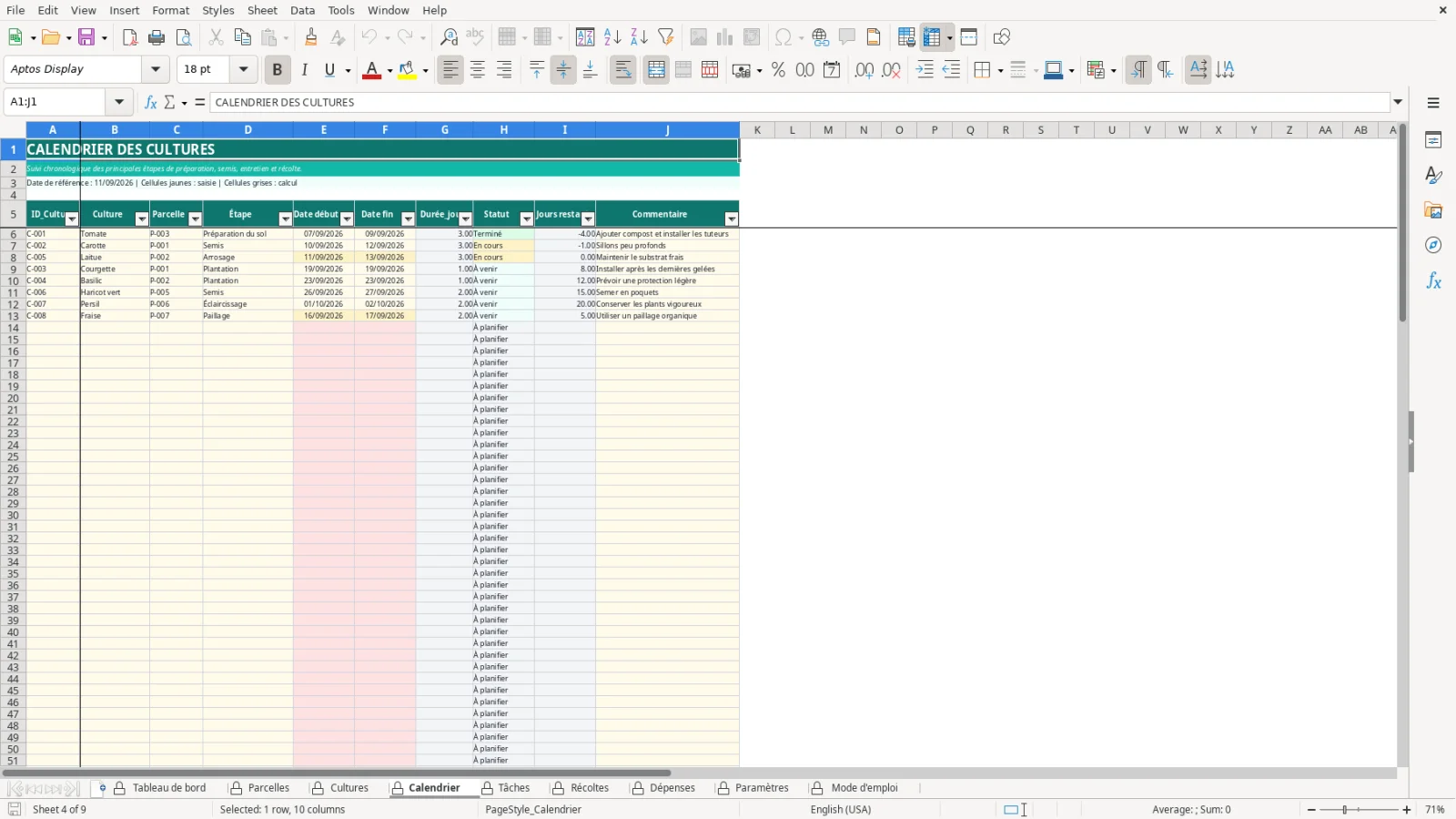 Capture de la feuille Calendrier du modèle Excel Plan Jardin Potager Excel – Modèle Gratuit (2026)
