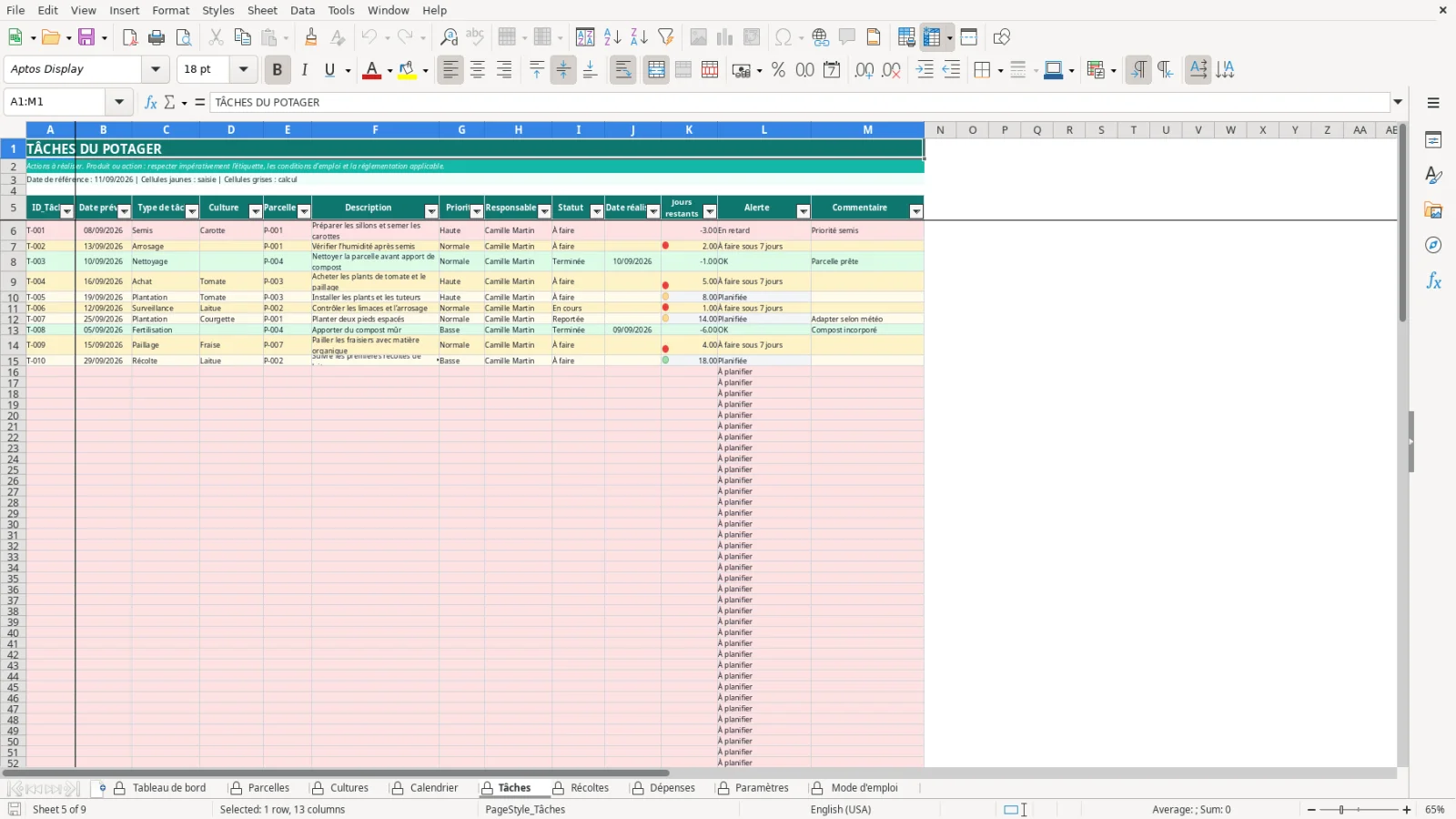 Capture de la feuille Tâches du modèle Excel Plan Jardin Potager Excel – Modèle Gratuit (2026)