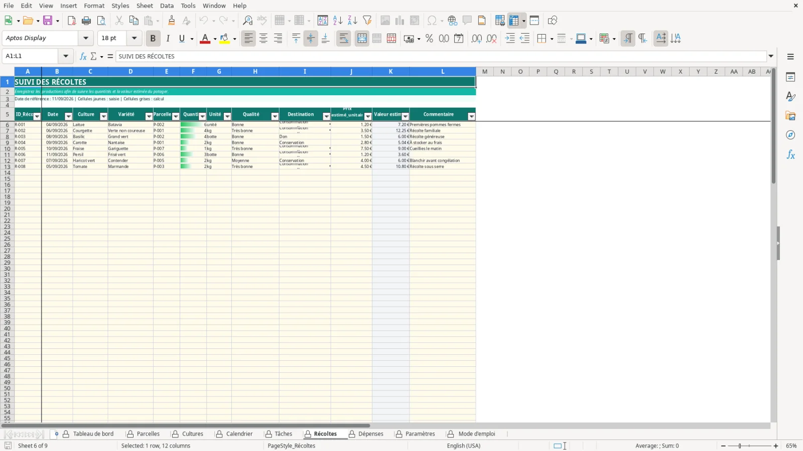 Capture de la feuille Récoltes du modèle Excel Plan Jardin Potager Excel – Modèle Gratuit (2026)