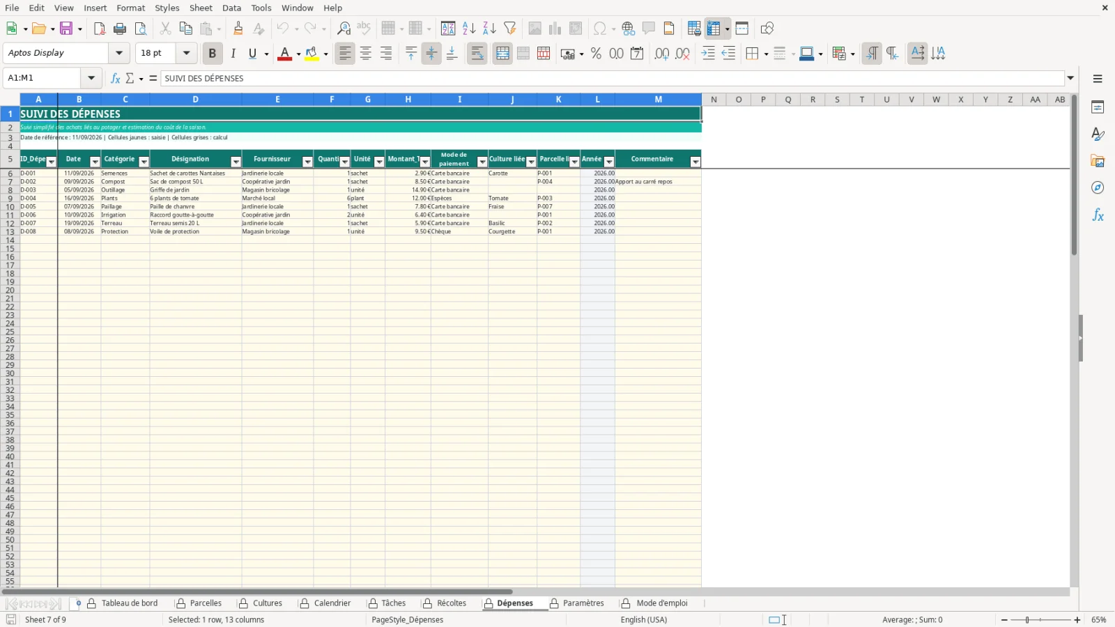 Capture de la feuille Dépenses du modèle Excel Plan Jardin Potager Excel – Modèle Gratuit (2026)