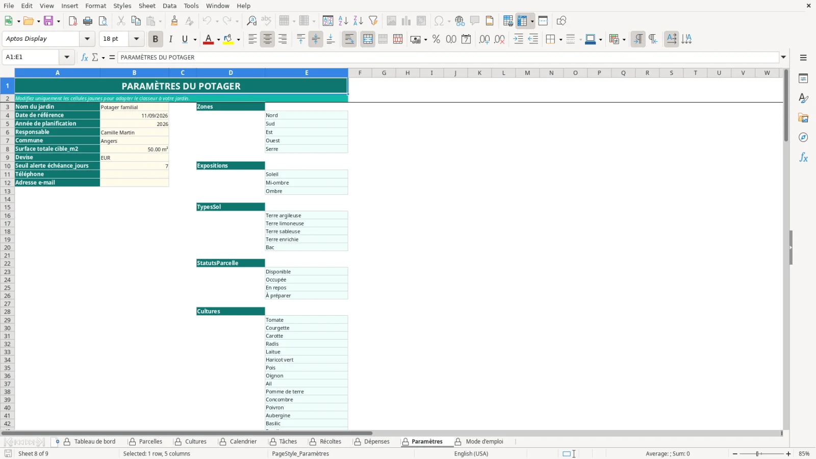 Capture de la feuille Paramètres du modèle Excel Plan Jardin Potager Excel – Modèle Gratuit (2026)