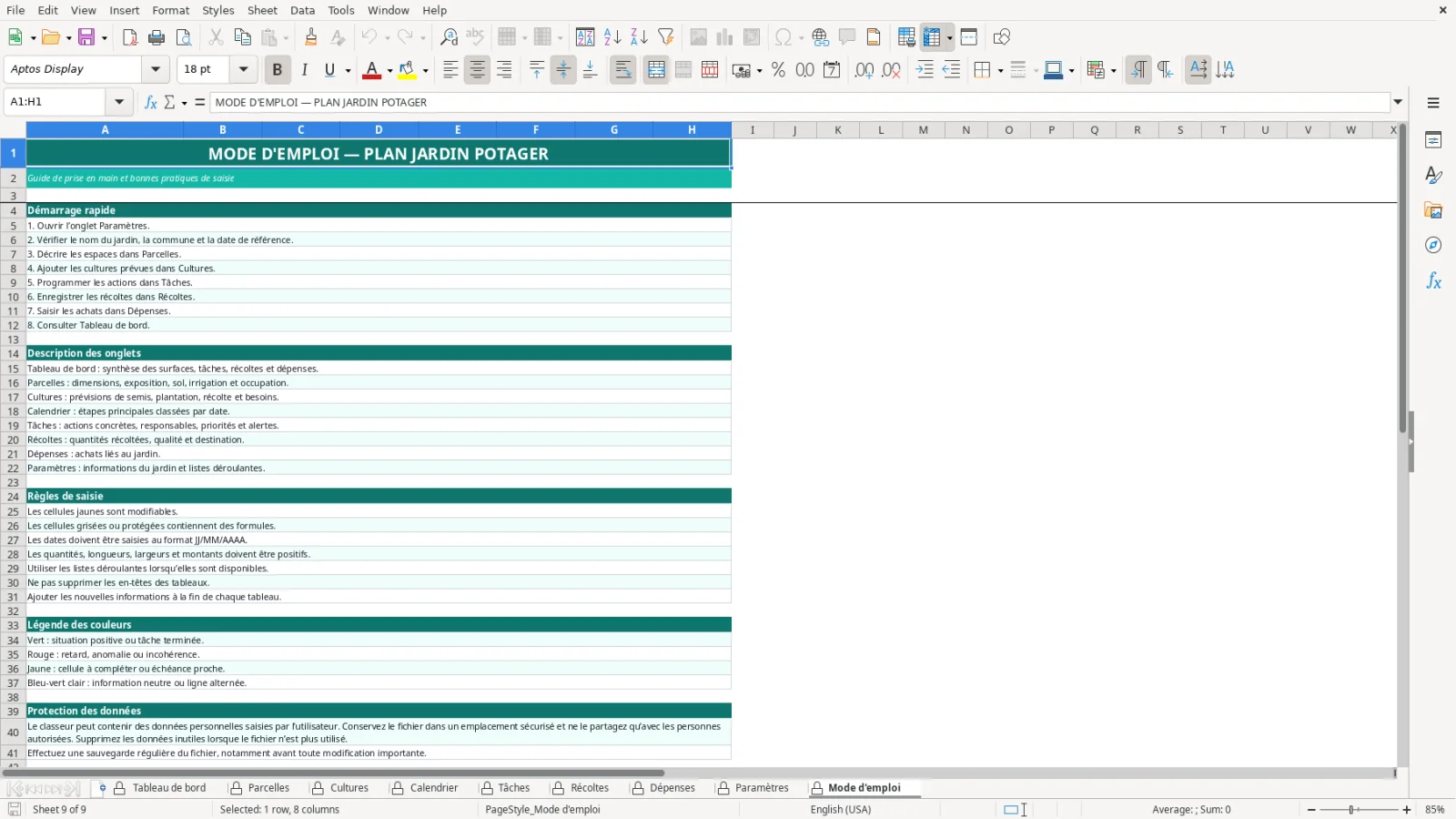 Capture de la feuille Mode d'emploi du modèle Excel Plan Jardin Potager Excel – Modèle Gratuit (2026)