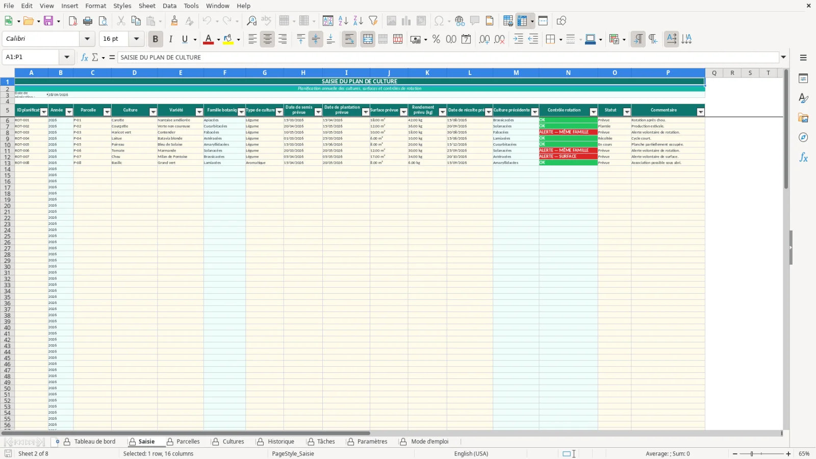 Capture de la feuille Saisie du modèle Excel Rotation Cultures Potager Excel – Modèle Gratuit (2026)