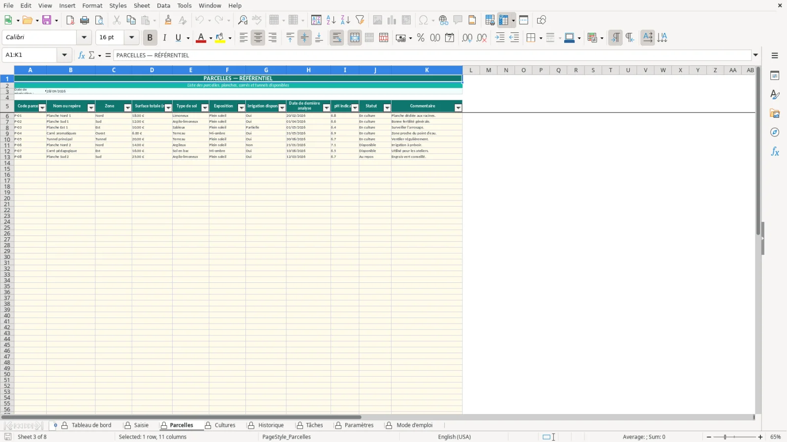 Capture de la feuille Parcelles du modèle Excel Rotation Cultures Potager Excel – Modèle Gratuit (2026)