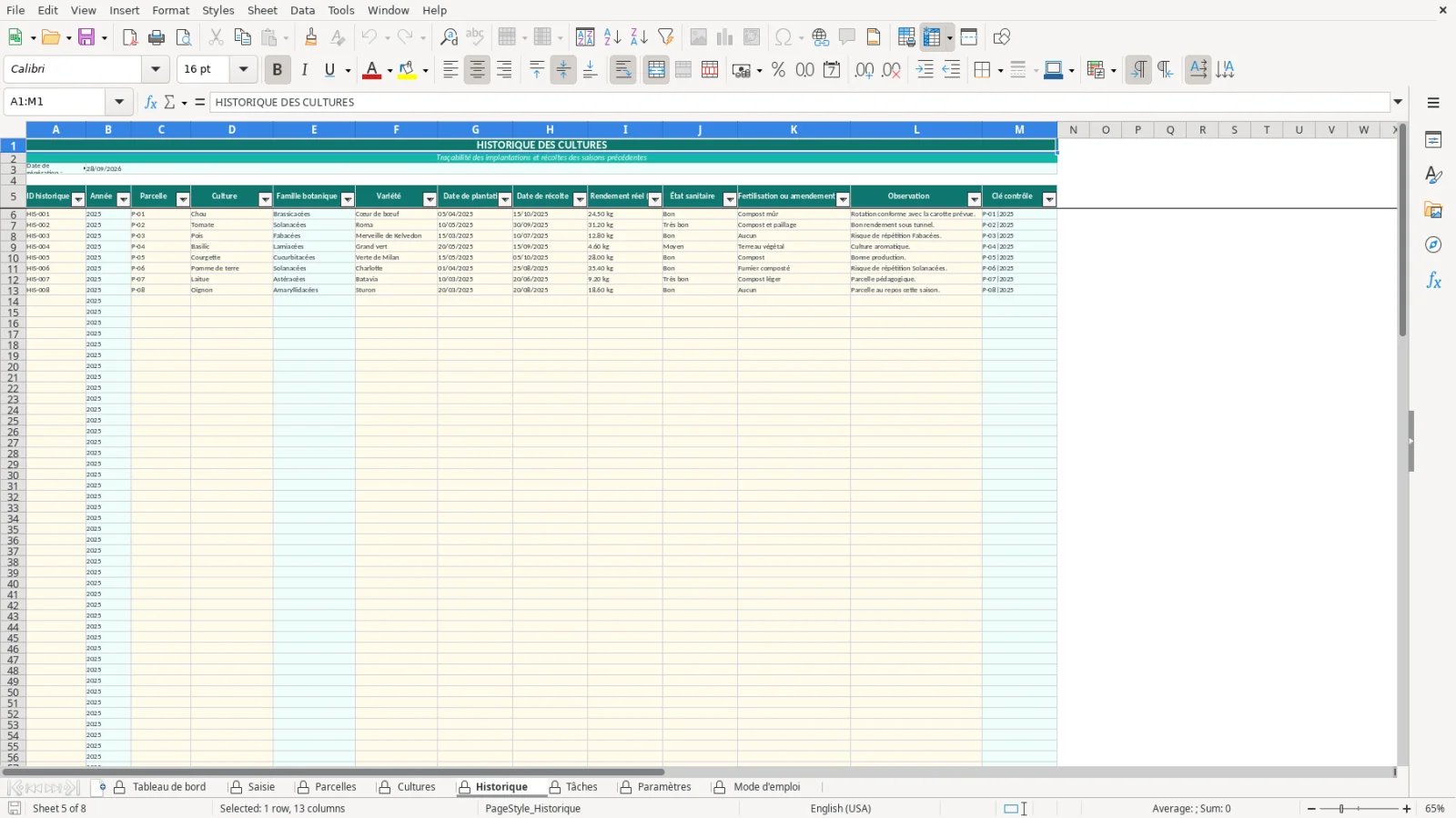 Capture de la feuille Historique du modèle Excel Rotation Cultures Potager Excel – Modèle Gratuit (2026)