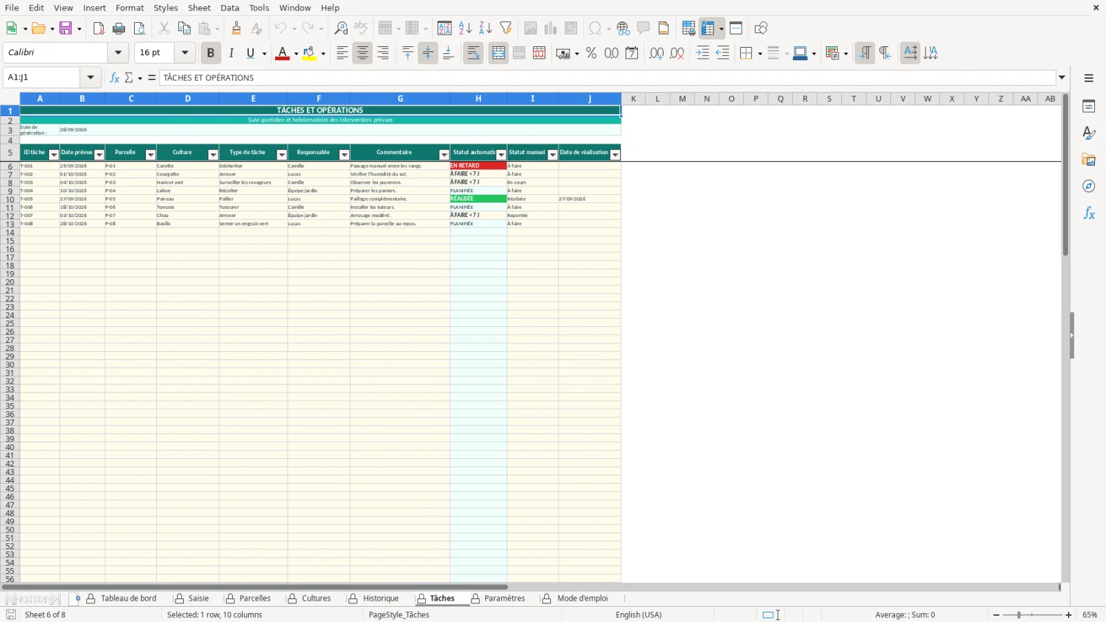 Capture de la feuille Tâches du modèle Excel Rotation Cultures Potager Excel – Modèle Gratuit (2026)