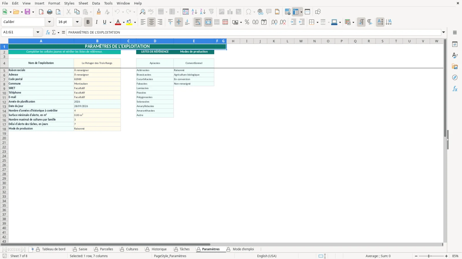 Capture de la feuille Paramètres du modèle Excel Rotation Cultures Potager Excel – Modèle Gratuit (2026)