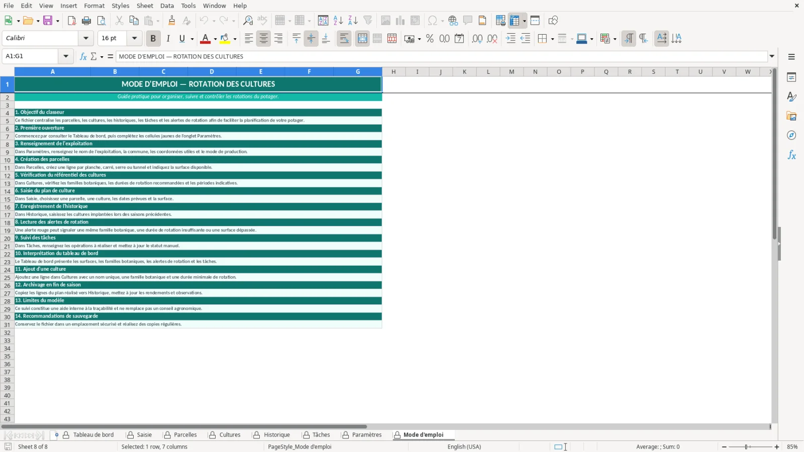 Capture de la feuille Mode d'emploi du modèle Excel Rotation Cultures Potager Excel – Modèle Gratuit (2026)