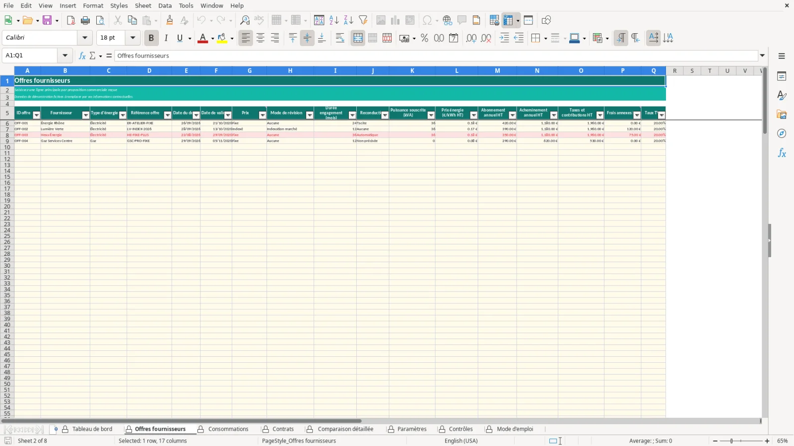 Capture de la feuille Offres fournisseurs du modèle Excel Comparatif Énergie Excel – Modèle Gratuit (2026)