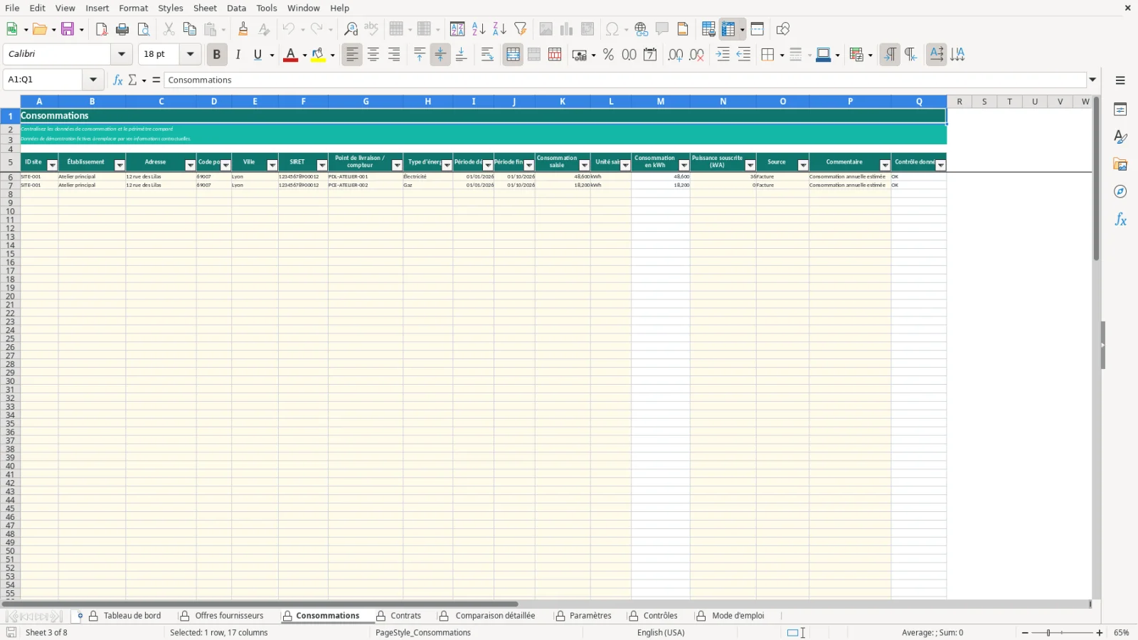 Capture de la feuille Consommations du modèle Excel Comparatif Énergie Excel – Modèle Gratuit (2026)
