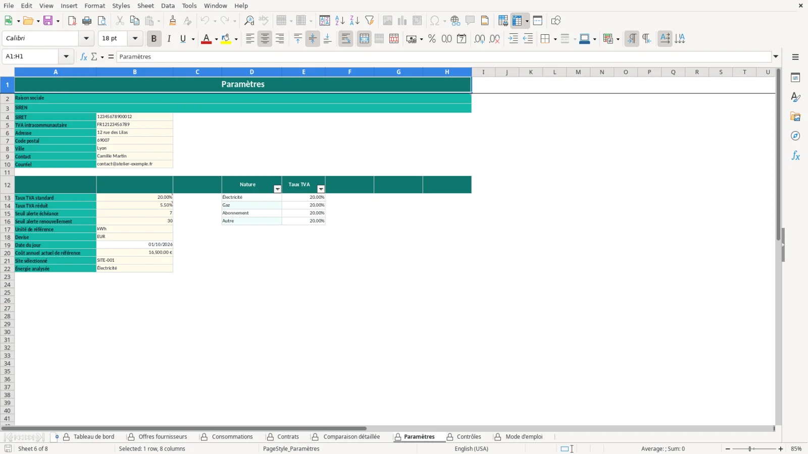 Capture de la feuille Paramètres du modèle Excel Comparatif Énergie Excel – Modèle Gratuit (2026)