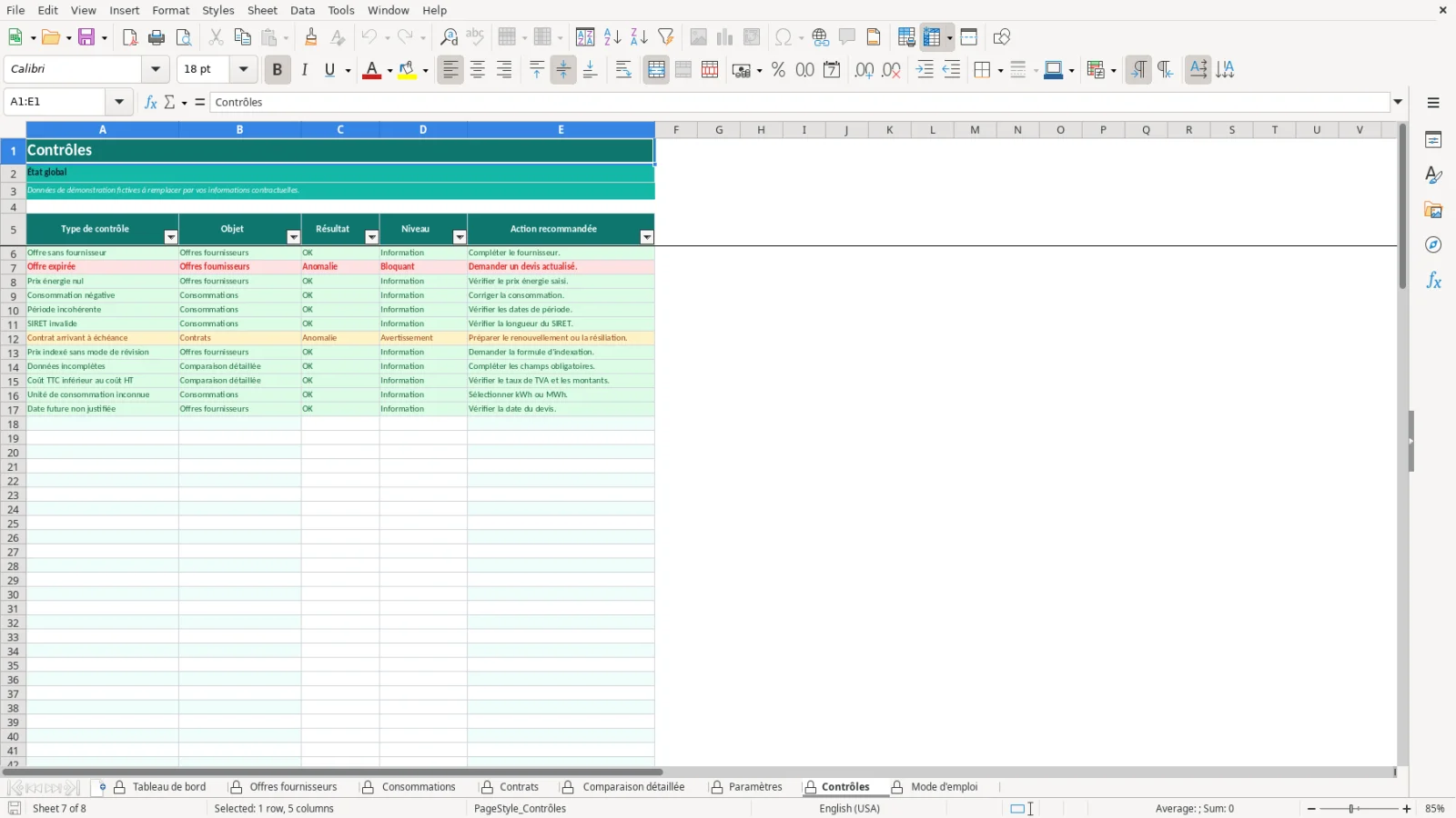 Capture de la feuille Contrôles du modèle Excel Comparatif Énergie Excel – Modèle Gratuit (2026)