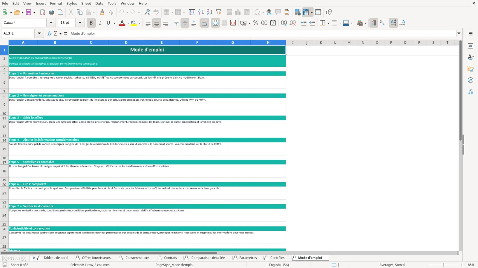 Capture de la feuille Mode d'emploi du modèle Excel Comparatif Énergie Excel – Modèle Gratuit (2026)