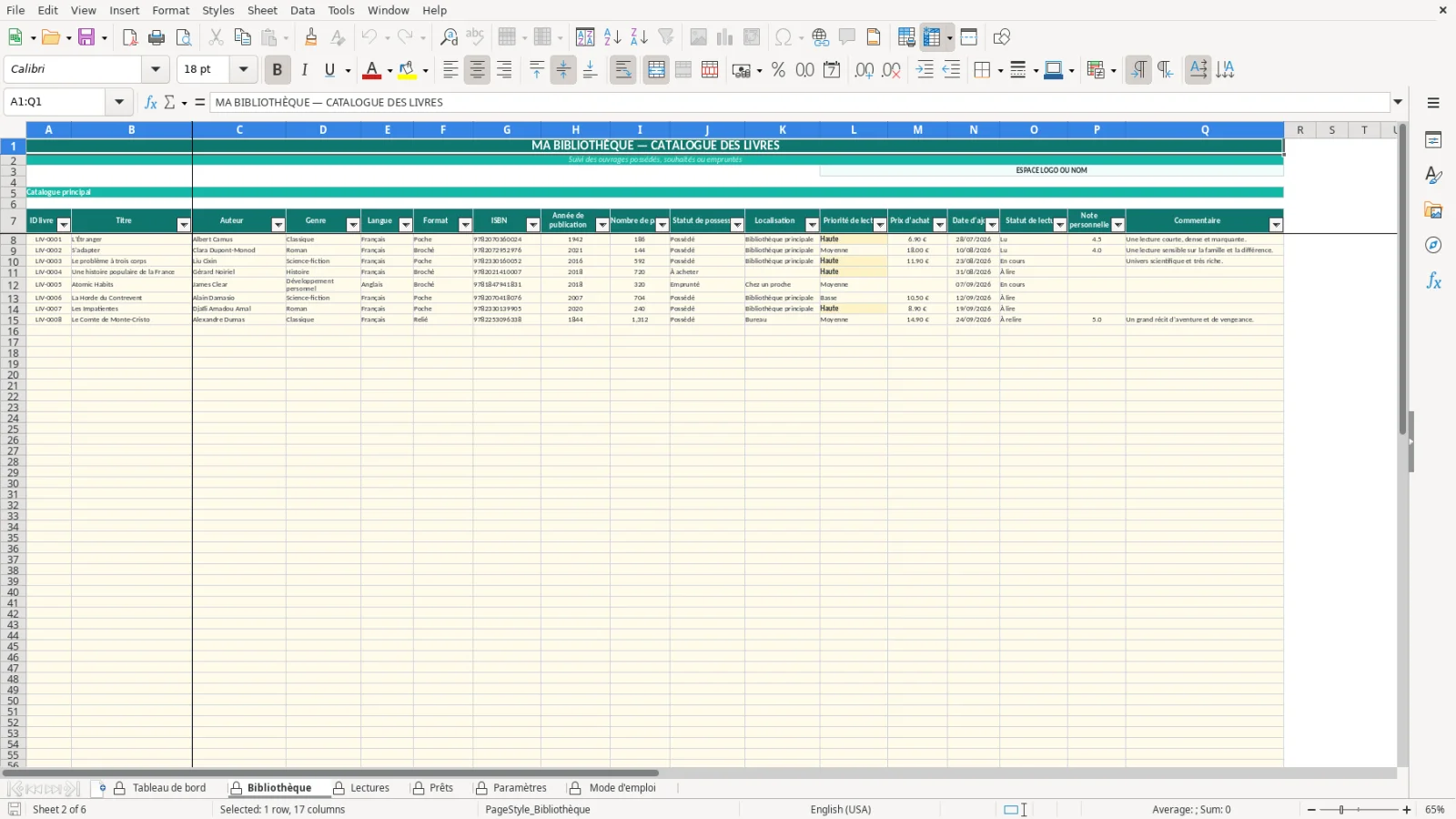 Capture de la feuille Bibliothèque du modèle Excel Liste Lecture Livres Excel – Modèle Gratuit (2026)