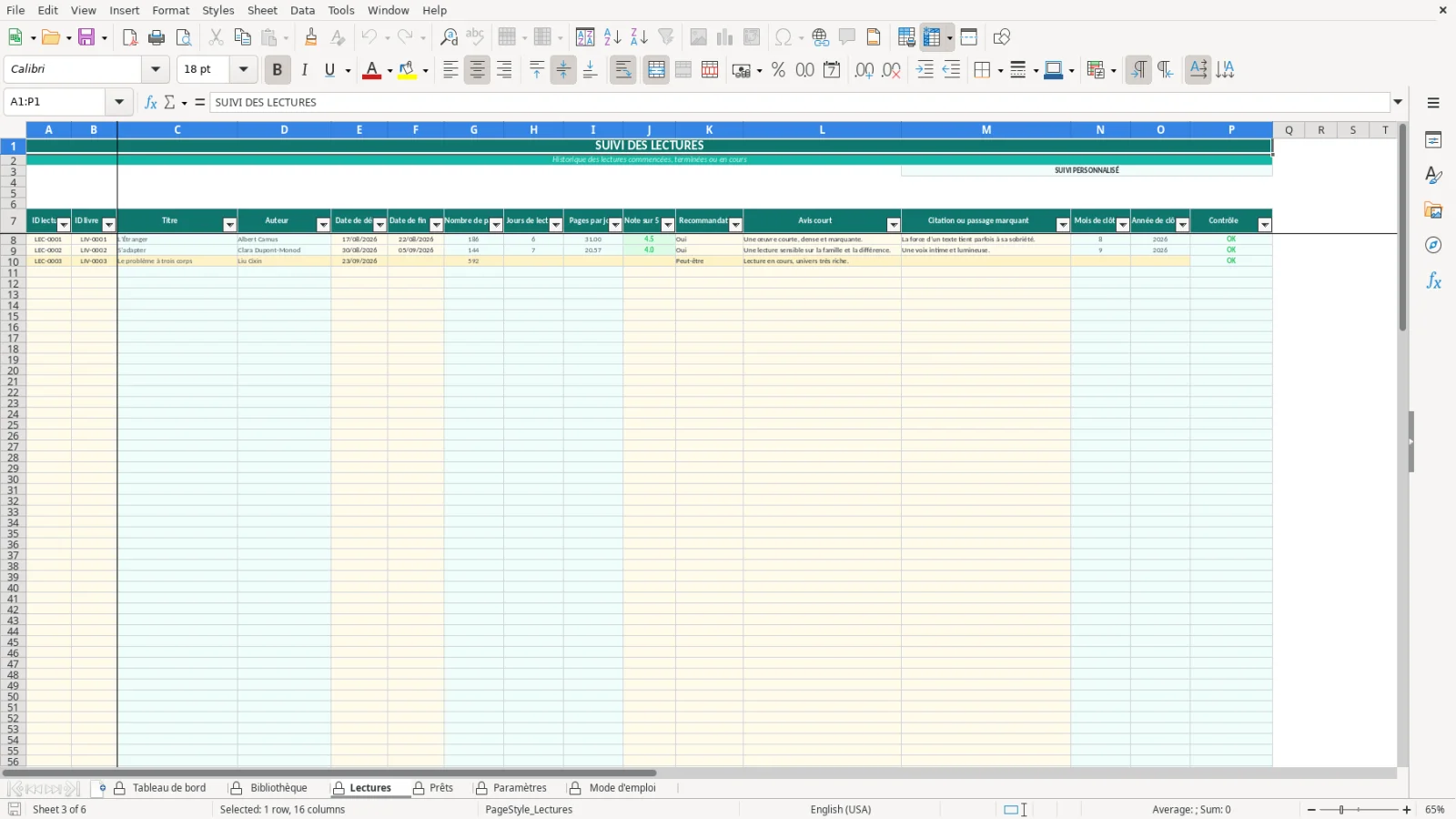 Capture de la feuille Lectures du modèle Excel Liste Lecture Livres Excel – Modèle Gratuit (2026)