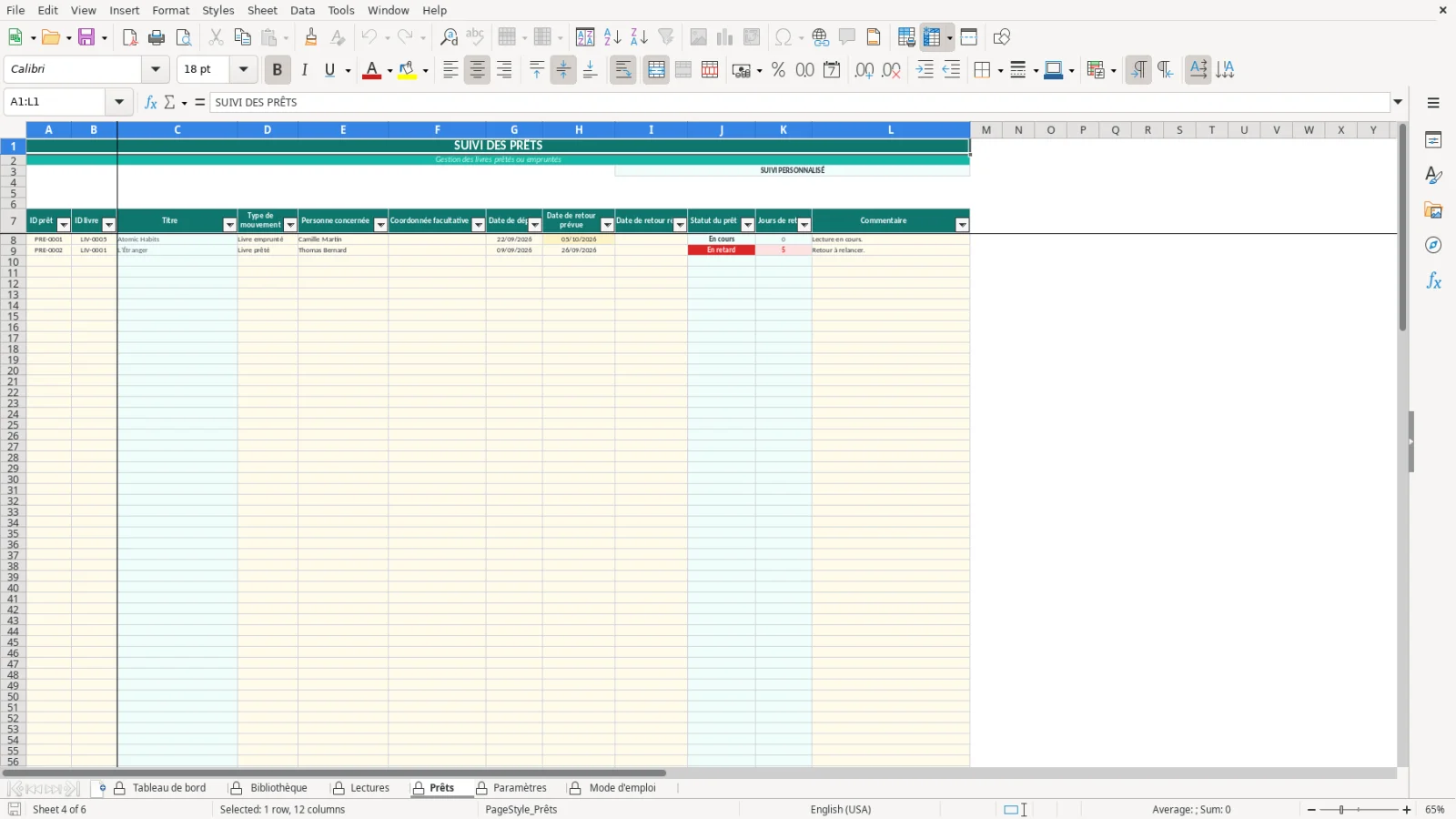 Capture de la feuille Prêts du modèle Excel Liste Lecture Livres Excel – Modèle Gratuit (2026)