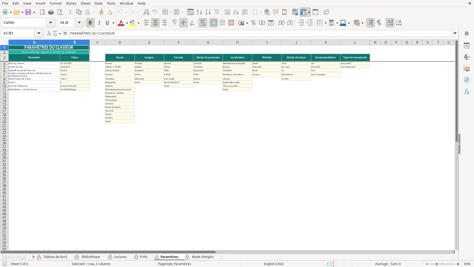 Capture de la feuille Paramètres du modèle Excel Liste Lecture Livres Excel – Modèle Gratuit (2026)
